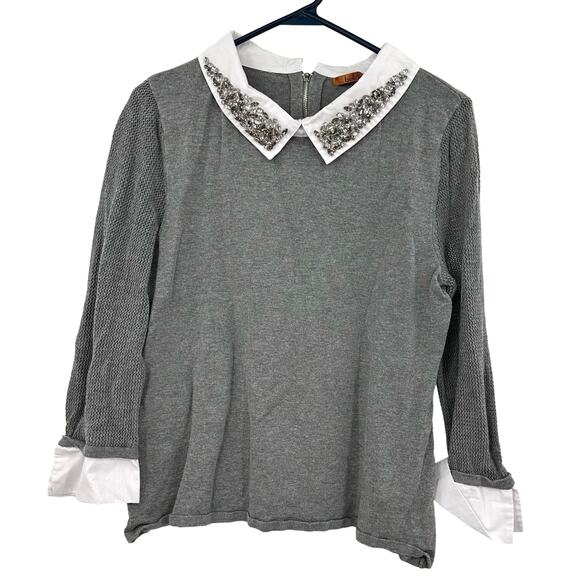 Belldini Size Large Shirt Gray Layered‎ Look Pullover Back Zip Rhinestone Collar - Picture 1 of 5
